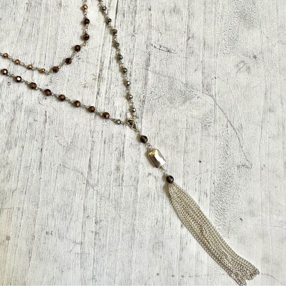 Silver tone double chain  tassel necklace - Picture 7 of 12